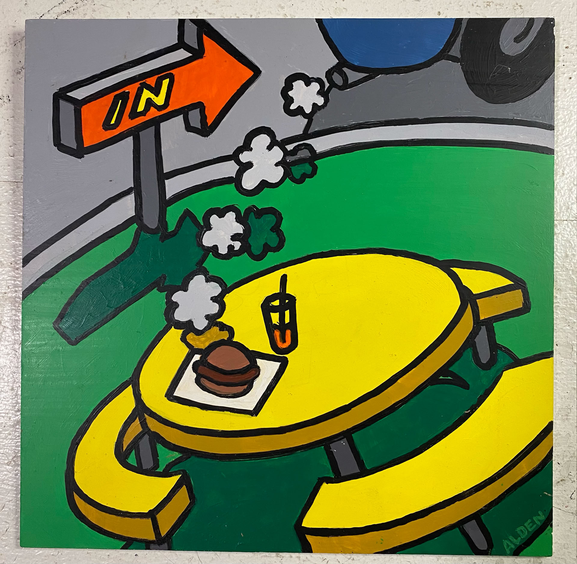 "Smoky Burger" - acrylic on vinyl board; 8"x8"; $50